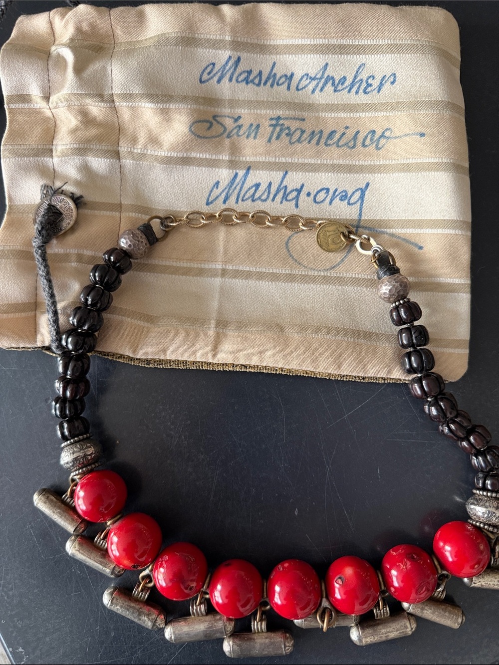 Masha Archer Red Beaded Statement Necklace with Antique Silver Accents